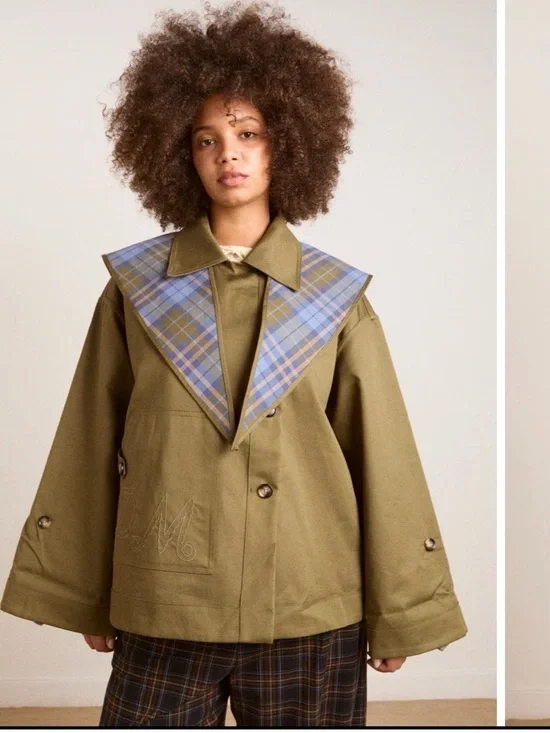 Olive Green Trench Coat with Plaid Trim - Picture 5 of 6